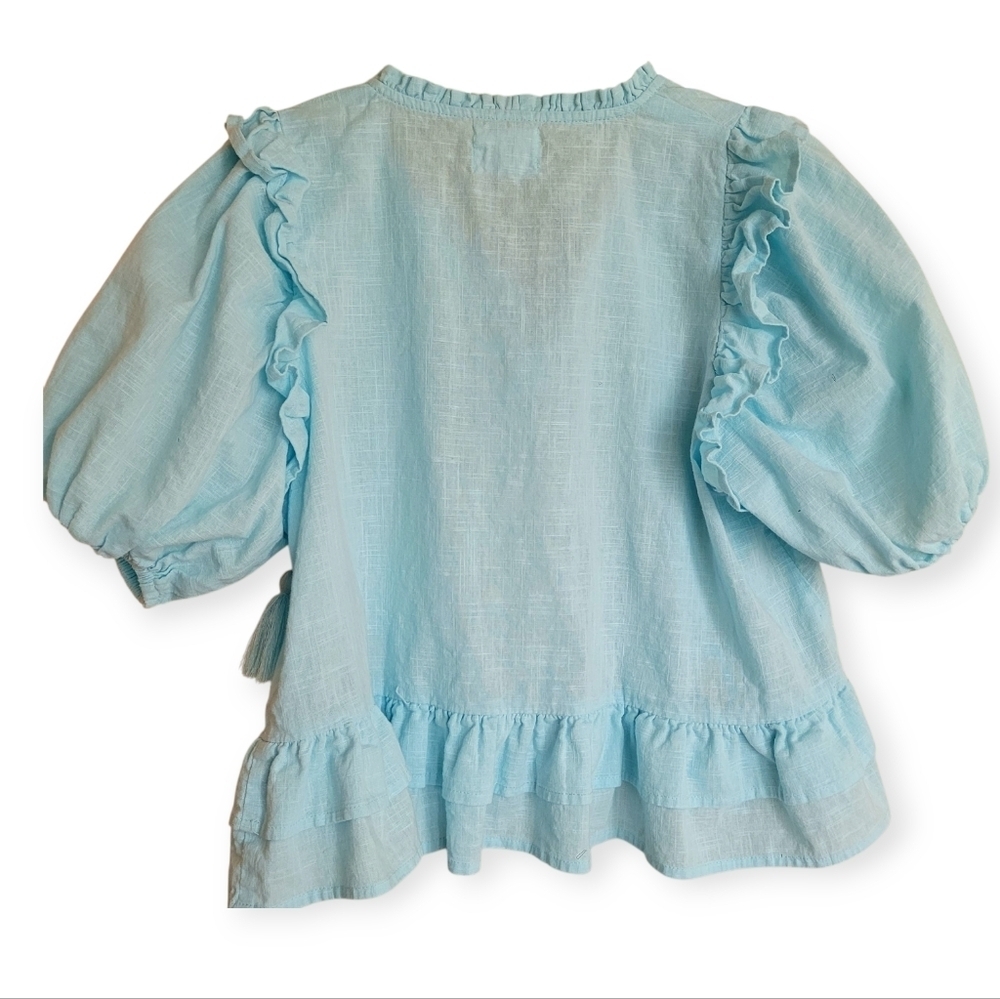 Anthropologie DRA Icy Blue Cotton Tassel Blouse Small Lightweight Summer Top - Picture 2 of 7